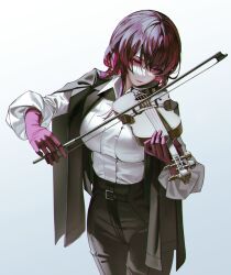 Rule 34 | 1girl, belt, black belt, black jacket, black pants, chromatic aberration, closed mouth, collared shirt, cowboy shot, gloves, gradient background, grey background, hair between eyes, highres, holding, holding instrument, holding violin, honkai: star rail, honkai (series), instrument, iumu, jacket, kafka (honkai: star rail), long hair, long sleeves, looking at viewer, music, pants, playing instrument, purple eyes, purple gloves, purple hair, shirt, sidelocks, simple background, smile, solo, standing, violin, white shirt
