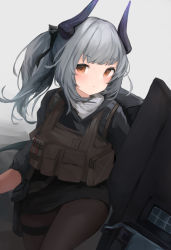 Rule 34 | 1girl, absurdres, arknights, black pantyhose, black shirt, blush, brown vest, cowboy shot, dragon horns, grey background, grey hair, highres, holding, holding shield, horns, liskarm (arknights), liskarm (overload) (arknights), looking at viewer, official alternate costume, orange eyes, pantyhose, ponytail, shield, shirt, simple background, solo, tactical clothes, teruriu, thigh strap, vest