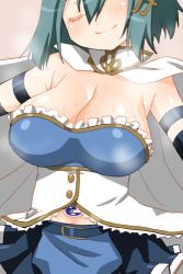 Rule 34 | 10s, 1girl, bare shoulders, blue hair, breasts, cape, cleavage, closed eyes, fortissimo, hair ornament, hairclip, large breasts, mahou shoujo madoka magica, mahou shoujo madoka magica (anime), miki sayaka, miki sayaka (magical girl), musical note, musical note hair ornament, shinama, short hair, skirt, solo