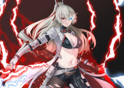 Rule 34 | 1girl, absurdres, alpha (punishing: gray raven), asymmetrical clothes, black pants, black sports bra, blue eyes, breasts, cleavage, commentary, cowboy shot, flaming eye, goggles, goggles around neck, grey hair, grey jacket, hair between eyes, heterochromia, highres, holding, holding sword, holding weapon, jacket, katana, large breasts, long hair, looking at viewer, lucia: crimson weave (punishing: gray raven), mechanical arms, midriff, multicolored hair, navel, open clothes, open jacket, pants, pantyhose, parted lips, ponytail, punishing: gray raven, red eyes, red hair, sidelocks, single leg pantyhose, single mechanical arm, single pantsleg, solo, sports bra, standing, sword, tian kazuki, torn clothes, torn pantyhose, weapon, wide ponytail