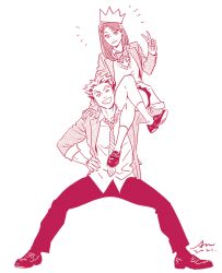 Rule 34 | 1boy, 1girl, ;d, blazer, bokuto koutarou, bow, bowtie, carrying, closed mouth, crown, full body, haikyuu!!, hand up, happy, hetero, jacket, kneehighs, crossed legs, long hair, long sleeves, looking at viewer, necktie, one eye closed, open clothes, open jacket, open mouth, school uniform, shirofuku yukie, shirt, shoes, short hair, sitting on shoulder, size difference, skirt, smile, socks, spiked hair, spot color, standing, temari am, v, white background