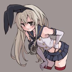 Rule 34 | 1girl, anchor hair ornament, black eyes, black neckerchief, black panties, blonde hair, blue sailor collar, blush, breasts, crop top, cropped legs, elbow gloves, es (eisis), gloves, grey background, hair ornament, hairband, highleg, highleg panties, highres, kantai collection, leaning forward, long hair, looking at viewer, miniskirt, neckerchief, panties, pleated skirt, sailor collar, shimakaze (kancolle), simple background, skirt, sleeveless, small breasts, solo, thighhighs, underwear, very long hair, white gloves