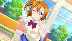 Rule 34 | 1girl, ;), artist name, artist request, blue eyes, blue skirt, blush, bow, bowtie, breasts, building, checkered clothes, checkered skirt, collared shirt, female focus, hair between eyes, hand on own hip, kosaka honoka, looking at viewer, love live!, love live! school idol festival, love live! school idol festival all stars, love live! school idol project, medium breasts, miniskirt, one eye closed, orange hair, otonokizaka school uniform, outdoors, parted lips, plaid, plaid skirt, pleated, pleated skirt, pointing, pointing at viewer, ponytail, red bow, school uniform, shirt, short ponytail, short sleeves, side ponytail, skirt, smile, solo, striped, striped bow, sweater vest, vest, white shirt, wink, yellow bow, yellow vest