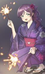 Rule 34 | 1girl, absurdres, aqua eyes, blush, commentary request, dunchy, fireworks, highres, japanese clothes, kimono, looking at viewer, love live!, love live! school idol project, open mouth, parted bangs, ponytail, purple hair, purple kimono, red sash, sandals, sash, smile, solo, sparkler, squatting, swept bangs, tojo nozomi, zouri
