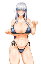 1girl absurdres anger_vein bikini blue_bikini blush breasts collarbone covered_erect_nipples facial_mark girls&#039;_frontline green_eyes grey_hair hair_ornament highres hk416_(girls&#039;_frontline) long_hair looking_at_viewer meme navel pakdeus sad_cat_dance_(meme) side-tie_swimsuit simple_background solo swimsuit tattoo teardrop teardrop_tattoo very_long_hair white_background