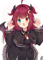 Rule 34 | 1girl, ahoge, bad id, bad pixiv id, black capelet, black dress, blue eyes, blush, bow, brown wings, capelet, claw pose, crescent, crescent hair ornament, demon girl, demon horns, demon wings, dress, fang, frilled dress, frilled sleeves, frills, hair intakes, hair ornament, hands up, heterochromia, horns, long hair, long sleeves, looking at viewer, neck ribbon, nijisanji, omuretsu, open mouth, polka dot, polka dot background, red bow, red eyes, red hair, red ribbon, ribbon, signature, solo, two side up, very long hair, virtual youtuber, white background, wings, yuzuki roa