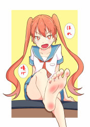 Rule 34 | 1girl, bare legs, barefoot, blush, chair, desk, fang, feet, foot focus, highres, leafar, leg up, long hair, looking at viewer, no shoes, on desk, open mouth, orange eyes, orange hair, presenting, school uniform, shirt, short sleeves, soles, solo, sweat, toes, translated, twintails, ueno-san wa bukiyou, ueno (ueno-san wa bukiyou), very long hair, wavy mouth