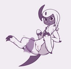 Rule 34 | 1girl, absol, animal hands, artist name, blush, claws, cleft of venus, creatures (company), disembodied penis, erection, fang, feet, full body, furry, furry female, game freak, gen 3 pokemon, grey background, grey eyes, hands up, horns, kekitopu, leaning back, legs up, nervous, nintendo, open mouth, penis, pokemon, pokemon (creature), pokemon rse, presenting, pussy, short hair, signature, simple background, single horn, sitting, solo, spread legs, sweat, tail, teeth, text focus, uncensored, white hair