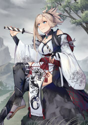 Rule 34 | 1girl, bare shoulders, black thighhighs, blue eyes, bridal gauntlets, closed mouth, cloud, crossed legs, detached sleeves, fate/samurai remnant, fate (series), grass, grey hair, highres, holding, holding sword, holding weapon, japanese clothes, jewelry, katana, kimono, lips, magatama, magatama necklace, miyamoto musashi (fate), nakaga eri, necklace, official alternate costume, on rock, outdoors, pelvic curtain, pink lips, ponytail, rock, sitting, sitting on rock, smile, solo, sword, thighhighs, tree, weapon, white kimono
