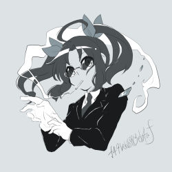 Rule 34 | 10s, 1girl, ahoge, alternate costume, bow, cigarette, formal, glasses, gloves, greyscale, hair bow, harunagi, kagerou (kancolle), kantai collection, long sleeves, monochrome, necktie, smoke, solo, suit, twintails, twitter username, upper body