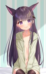 Rule 34 | 1girl, animal ear fluff, animal ears, between legs, black thighhighs, blush, collarbone, commentary request, drawstring, green jacket, hair ornament, hand between legs, highres, hood, hood down, hooded jacket, jacket, k mugura, kasumi (princess connect!), long hair, navel, open clothes, open jacket, princess connect!, purple eyes, purple hair, sitting, solo, striped, thighhighs, vertical stripes, very long hair