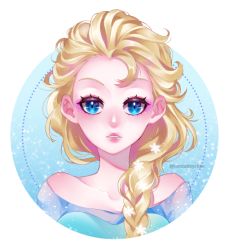 Rule 34 | 1girl, blonde hair, blue eyes, braid, braided ponytail, collarbone, elsa (frozen), frozen (disney), hair over shoulder, long hair, looking at viewer, off shoulder, parted lips, ponytail, portrait, solo, tabby chan