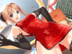 Rule 34 | 00s, 1girl, after (game), black gloves, black thighhighs, blue eyes, breasts, brown hair, china dress, chinese clothes, dress, dutch angle, elbow gloves, game cg, gloves, hand on own hip, hip focus, lace, lace-trimmed legwear, lace trim, medium breasts, menu, panties, pantyshot, ponytail, red dress, red skirt, shiomiya kanami, short dress, skirt, sleeveless, solo, standing, thighhighs, tony taka, tray, underwear, upskirt, waitress, white panties