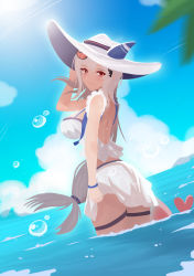 Rule 34 | 1girl, absurdres, arknights, bare back, bare shoulders, blue sky, breasts, bubble, cowboy shot, day, eyewear on head, from behind, hair between eyes, hair ornament, hand on own head, hand up, hat, highres, inflatable orca, inflatable toy, lieyan huangzi, light smile, long hair, looking at viewer, looking back, medium breasts, ocean, off-shoulder shirt, off shoulder, official alternate costume, orca hair ornament, outdoors, partially submerged, red eyes, shirt, silver hair, skadi (arknights), skadi (waverider) (arknights), skirt, sky, solo, standing, sunglasses, swimsuit, thigh strap, thighs, very long hair, wading, white hat, white shirt, white skirt