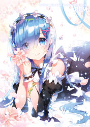 Rule 34 | 10s, 1girl, apple caramel, black dress, black sleeves, blue eyes, blue hair, blush, breasts, bubble, bug, butterfly, character name, cleavage, closed mouth, copyright name, detached sleeves, dress, eyes visible through hair, flower, hair ornament, hair over one eye, headband, heart, holding, holding flower, insect, light particles, long hair, looking at viewer, lying, maid, on stomach, one eye covered, petals, re:zero kara hajimeru isekai seikatsu, rem (re:zero), ribbon, smile, solo, white background, wristband