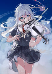 Rule 34 | 1girl, absurdres, almic, black shirt, black skirt, blue eyes, blue sky, bow (music), cloud, cloudy sky, commentary request, cowboy shot, floating hair, highres, huge filesize, instrument, long hair, looking at viewer, mask, mouth mask, music, original, outdoors, oxygen mask, playing instrument, pleated skirt, sailor collar, school uniform, serafuku, shirt, short sleeves, silver hair, skirt, sky, solo, standing, thigh gap, very long hair, violin, wind