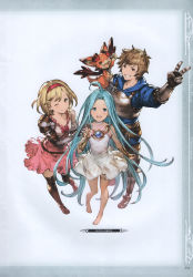 Rule 34 | 10s, 1boy, 2girls, absurdres, barefoot, blonde hair, blue eyes, blue hair, bob cut, boots, bridal gauntlets, brown eyes, djeeta (granblue fantasy), dress, gauntlets, gran (granblue fantasy), granblue fantasy, hairband, highres, knee boots, long hair, looking at viewer, looking up, lyria (granblue fantasy), minaba hideo, multiple girls, non-web source, one eye closed, open mouth, pants, pink dress, scan, short dress, simple background, standing, thighhighs, v, vyrn (granblue fantasy), zettai ryouiki