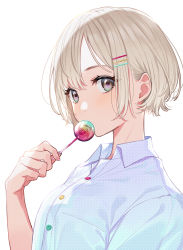 Rule 34 | 1girl, breasts, brown eyes, candy, collared shirt, commentary request, covered mouth, dress shirt, food, hair ornament, hairclip, hand up, highres, holding, holding candy, holding food, holding lollipop, light brown hair, lollipop, looking at viewer, original, shirt, short hair, simple background, small breasts, solo, upper body, white background, white shirt, yuu (higashi no penguin)