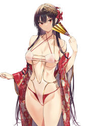 Rule 34 | 1girl, absurdres, bare shoulders, bikini, black hair, breasts, closed mouth, collarbone, cowboy shot, floral print, flower, folding fan, groin, hair flower, hair ornament, haitekudasai takamine-san, hand fan, hand up, highres, hiiragi yuuichi, holding, holding fan, japanese clothes, kimono, large breasts, long hair, looking at viewer, one-piece swimsuit, open clothes, open kimono, red bikini, red eyes, red flower, red kimono, simple background, skindentation, solo, swimsuit, takamine takane, thighs, underboob, very long hair, white background, white flower, wide sleeves