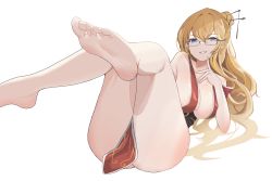 Rule 34 | 1girl, barefoot, blonde hair, blue eyes, dungeon and fighter, feet, glasses, grin, hair bun, highres, long hair, looking at viewer, smile, soles, toes