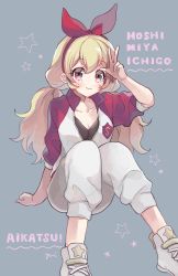 Rule 34 | 1girl, aikatsu!, aikatsu! (series), blonde hair, blush, bow, breasts, brown eyes, character name, cleavage, clenched hands, collarbone, copyright name, hair bow, hoshimiya ichigo, jacket, looking at viewer, pants, red bow, sitting, smile, solo, star (symbol), sweatpants, track jacket, track suit, twintails, v, yui (yui i dol)