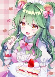 1girl :3 :d artist_name bow bowtie brown_eyes cake character_request checkered_background commentary_request commission detached_sleeves double_bun eneru_(enepuni) food food-themed_hair_ornament fork fruit green_bow green_bowtie green_hair hair_bun hair_intakes hair_ornament highres holding holding_fork looking_at_viewer maid_headdress open_mouth pink_bow pink_bowtie plate puffy_sleeves skeb_commission smile solo strawberry strawberry_hair_ornament strawberry_shortcake grid_background twitter_username virtual_youtuber