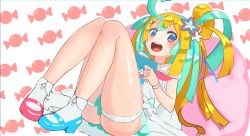 Rule 34 | 1girl, :d, ahoge, amakawa hano, aqua hair, asymmetrical footwear, bad id, bad pixiv id, blonde hair, blue eyes, candy, cellphone, dress, full body, hair ornament, hairclip, highres, knees up, long hair, mismatched footwear, motivationmoti, multicolored hair, open mouth, phone, re:act, simple background, sitting, smile, solo, star (symbol), star hair ornament, thigh strap, two-tone hair, virtual youtuber, white dress, white legwear, wrapped candy