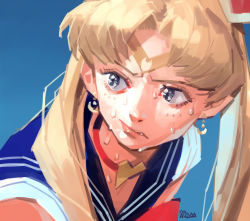 Rule 34 | 1girl, artist request, bishoujo senshi sailor moon, blonde hair, blue background, blue eyes, blue sailor collar, choker, crescent, crescent earrings, derivative work, earrings, from above, gradient background, hair ornament, heart, jewelry, lips, long hair, meme, red choker, sailor collar, sailor moon, sailor moon redraw challenge (meme), sailor senshi uniform, screenshot redraw, seat, shirt, short sleeves, signature, solo, tsukino usagi, twintails, twitter username, upper body, white shirt