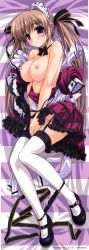 Rule 34 | 1girl, absurdres, bed, bed sheet, black panties, blush, breasts, brown hair, copyright request, covering privates, covering crotch, dakimakura (medium), from above, full body, garter straps, highres, huge filesize, legs, long image, looking at viewer, lying, maid, maid headdress, mary janes, nipples, no bra, on bed, on side, open clothes, open shirt, panties, panty pull, purple eyes, shintarou, shirt, shoes, solo, striped, striped background, tall image, thighhighs, twintails, underwear, white thighhighs