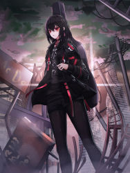 Rule 34 | 1girl, absurdres, bad id, bad pixiv id, black hair, black pantyhose, black shorts, choker, cloud, commentary, destruction, domi (hongsung0819), earrings, english commentary, guitar case, hair between eyes, highres, instrument case, jacket, jewelry, looking at viewer, open clothes, open jacket, original, outdoors, pantyhose, red eyes, short hair, short shorts, shorts, sky, solo, standing