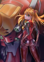 Rule 34 | 1girl, absurdres, artist request, ass, ass focus, ass grab, bodysuit, breasts, cleft of venus, eva 02, evangelion: 3.0 you can (not) redo, grabbing own ass, highres, huge ass, interface headset, light smile, long hair, looking at viewer, looking back, mecha, medium breasts, neon genesis evangelion, plugsuit, rebuild of evangelion, robot, shiny clothes, skin tight, smile, solo, souryuu asuka langley, two side up, very long hair, wide hips