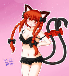 Rule 34 | 1girl, animal ears, bikini, black bikini, blush, bow, braid, breasts, cat ears, cat tail, cleavage, heart, heart tail, highres, kaenbyou rin, mizuki ruu193, multiple tails, nekomata, pink background, red eyes, red hair, sky, solo, star (sky), starry sky, swimsuit, tail, tail bow, tail ornament, thighs, touhou, twin braids, two tails