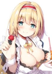 Rule 34 | 1girl, alice margatroid, alternate costume, apron, blonde hair, blue eyes, blush, breasts, cherry, commentary request, detached collar, enmaided, food, fruit, hairband, hand up, holding, holding food, holding fruit, lace trim, lolita hairband, looking at viewer, maid, maid apron, medium breasts, miyase mahiro, neck ribbon, nipples, puffy short sleeves, puffy sleeves, red hairband, ribbon, short hair, short sleeves, smile, solo, touhou, upper body, white apron, white background, wrist cuffs, yellow ribbon