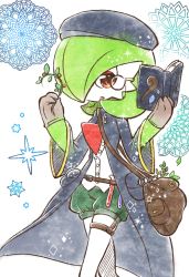 Rule 34 | 1girl, bag, beret, berry, black coat, black hat, bob cut, book, brown gloves, buttons, clothed pokemon, coat, colored skin, creatures (company), diamond (shape), female focus, flat chest, game freak, gardevoir, gen 3 pokemon, gloves, green hair, green shorts, green skin, hair over one eye, hands up, hat, holding, holding book, long sleeves, monocle, muguet, multicolored skin, nintendo, open book, open clothes, open coat, open mouth, pocket, pokemon, pokemon (creature), puffy shorts, reading, red eyes, shirt, short hair, short shorts, shorts, shoulder bag, sideways mouth, solo, sparkle, star (symbol), test tube, thigh strap, two-tone skin, walking, white background, white shirt, white skin, wide sleeves