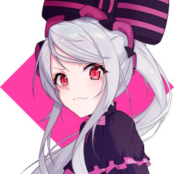 Rule 34 | 1girl, black bow, black dress, bow, bowtie, dress, fang, grey hair, hair bow, long hair, looking at viewer, overlord (maruyama), pink background, pink bow, pink bowtie, ponytail, ppn (railgun3939), red bow, red eyes, shalltear bloodfallen, skin fang, solo, white background