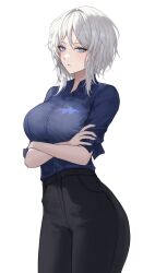 Rule 34 | 1girl, black pants, blue eyes, blue shirt, breasts, closed mouth, collared shirt, commentary request, cowboy shot, crossed arms, eonyan (chaeyang), faust (project moon), highres, large breasts, light blush, limbus company, looking at viewer, medium hair, pants, project moon, shirt, shirt tucked in, simple background, solo, standing, white background, white hair, wing collar