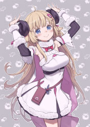 Rule 34 | 1girl, ahoge, animal background, animal ears, arms up, blonde hair, blue eyes, blush, breasts, cape, commentary request, cowboy shot, fur-trimmed collar, fur trim, grey background, hair ornament, hololive, horns, kuroboshi kouhaku, large breasts, long hair, looking at viewer, pink cape, pouch, sheep, sheep ears, sheep girl, sheep horns, smile, solo, tsunomaki watame, tsunomaki watame (1st costume), virtual youtuber