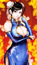Rule 34 | 1girl, bare shoulders, black eyes, black hair, boots, breast hold, breasts, bridal gauntlets, brown eyes, brown hair, bun cover, capcom, china dress, chinese clothes, chun-li, cleavage, cleavage cutout, clothing cutout, contrapposto, curvy, detached sleeves, double bun, dress, earrings, eyeshadow, fingernails, folded fan, folding fan, hand fan, highres, huge breasts, jewelry, lips, lipstick, makeup, pantyhose, side slit, solo, standing, street fighter, usatarou