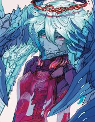 Rule 34 | 1girl, arms at sides, blue hair, blue skin, colored eyelashes, colored skin, commentary request, cyborg, hair between eyes, halo, head wings, highres, long hair, looking at viewer, original, red eyes, science fiction, see-through, skull, solo, spine, tube, wings, yamanushi