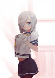 Rule 34 | 10s, 1girl, absurdres, bad id, bad pixiv id, blue eyes, blush, breasts, comrade stalin, gloves, grey skirt, hair ornament, hair over one eye, hairclip, hamakaze (kancolle), hands on own chest, highres, kantai collection, large breasts, looking at viewer, neckerchief, pantyhose, pleated skirt, sailor collar, school uniform, serafuku, short hair, silver hair, skirt, solo, white gloves, yellow neckerchief