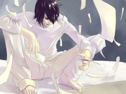 Rule 34 | 00s, 1boy, bags under eyes, barefoot, between fingers, black hair, death note, flying paper, hair over one eye, head down, holding, holding paper, l (death note), long sleeves, male focus, pale skin, pants, paper, shirt, short hair, simple background, sitting, solo, toes, white pants, white shirt