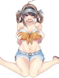 Rule 34 | 1girl, ahoge, bikini, braid, breasts, brown hair, chougei (kancolle), commentary request, denim, denim shorts, front-tie bikini top, front-tie top, grey eyes, hair rings, hands on own chest, highres, kantai collection, large breasts, leaf print, long hair, official alternate costume, orange bikini, sandals, shorts, simple background, sitting, solo, swimsuit, toriniku senshi chikinman, twin braids, visor cap, wariza, white background