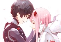 Rule 34 | 10s, 1boy, 1girl, bad id, bad twitter id, black hair, bodysuit, commentary request, crying, darling in the franxx, closed eyes, forehead-to-forehead, from side, gloves, hands on another&#039;s face, happy, happy tears, heads together, hiro (darling in the franxx), horns, hoshizaki reita, open mouth, pink hair, profile, smile, tears, white background, white gloves, zero two (darling in the franxx)