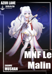 Rule 34 | + +, 1girl, absurdres, artist name, azur lane, blue eyes, breasts, character name, chinese commentary, commentary request, dated, double bun, dress, expressionless, fighting stance, full body, hair bun, hair ribbon, high heels, highres, holding, holding sword, holding weapon, le malin (azur lane), long hair, long sleeves, looking at viewer, mu shanmu san, pantyhose, rapier, ribbon, sidelocks, silver footwear, silver hair, small breasts, solo, standing, sword, symbol-shaped pupils, very long hair, weapon, white dress, white pantyhose