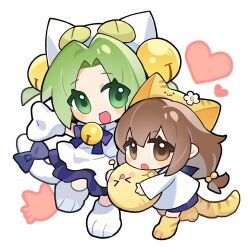 Rule 34 | 2girls, :o, animal hat, apron, bell, blue bow, blue bowtie, blue dress, blue sailor collar, blush, bow, bowtie, brown eyes, brown hair, cat hat, chibi, chibi only, commentary, dejiko, di gi charat, dress, flower, gema, green eyes, green hair, hair bell, hair ornament, hat, hat flower, heart, highres, long hair, looking at viewer, looking to the side, mittens, multiple girls, neck bell, niko (nikooo2016), open mouth, paw shoes, puchiko, ribbon, sailor collar, shirt, sidelocks, simple background, sleeves past wrists, tail, tail ornament, tail ribbon, two side up, white background, white flower, white mittens, white shirt, white tail