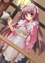 Rule 34 | 1girl, apron, japanese clothes, long hair, minase lin, purple eyes, purple hair, smile, solo, teapot