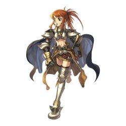 Rule 34 | 1girl, 2000s (style), armor, armored boots, belt, black belt, black thighhighs, blue cape, boobplate, boots, breastplate, brown cape, brown hair, brown skirt, cape, commentary request, cross, cross of prontera, full body, gauntlets, green eyes, high ponytail, highres, long hair, looking afar, medium bangs, midriff, myung-jin lee, navel, official art, open mouth, paladin (ragnarok online), pauldrons, ragnarok online, running, scabbard, sheath, shoulder armor, sidelocks, simple background, skirt, solo, tachi-e, thighhighs, transparent background, waist cape
