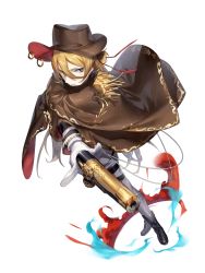 Rule 34 | 1boy, aiming, black eyes, black footwear, black jacket, blonde hair, boots, brown cape, cape, cape tug, collar, cowboy hat, dutch angle, epaulettes, food fantasy, foreshortening, full body, glint, gloves, gun, hair between eyes, hair bun, hair ribbon, hat, high collar, highres, holding, holding gun, holding weapon, jacket, long hair, looking to the side, male focus, official art, pants, parted lips, red ribbon, ribbon, serious, single hair bun, smoke, solo, standing, tequila (food fantasy), thigh strap, third-party source, transparent background, trigger discipline, two-sided fabric, weapon, white gloves, white pants