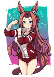 Rule 34 | 1girl, animal ears, blue eyes, blush, breasts, brown hair, buruma, clenched hand, closed mouth, cropped legs, flexing, hair intakes, highres, holding own arm, horse ears, horse girl, horse tail, jacket, kawakami princess (umamusume), long hair, looking at viewer, medium breasts, nose blush, parted bangs, partially unzipped, red jacket, sleeves pushed up, smile, solo, sweatdrop, syoya ko, tail, thick eyebrows, track jacket, umamusume