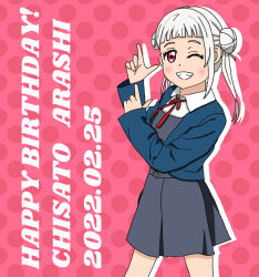 Rule 34 | 1girl, ;), arashi chisato, artist name, artist request, bare legs, belt, blue cardigan, blue jacket, blush, bow, bowtie, breasts, buttons, cardigan, collared shirt, cropped jacket, double bun, dress, dress shirt, female focus, finger gun, grey belt, grey shirt, grey skirt, hair bun, hair tie, jacket, long hair, long sleeves, looking at viewer, love live!, love live! superstar!!, miniskirt, neck ribbon, o-ring, o-ring belt, one eye closed, parted lips, plaid, plaid skirt, pleated, pleated skirt, polka dot, polka dot background, red background, red bow, red eyes, red ribbon, ribbon, school uniform, shirt, skirt, small breasts, smile, solo, teeth, twintails, white hair, white shirt, wing collar, wink, yuigaoka school uniform